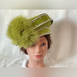 Stunning Mr D’s Vintage hat green wool and rhinestones Sunday church wedding